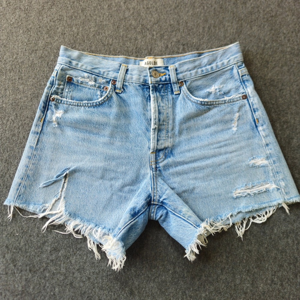 Agolde Light Blue Distressed Denim Jean Shorts
